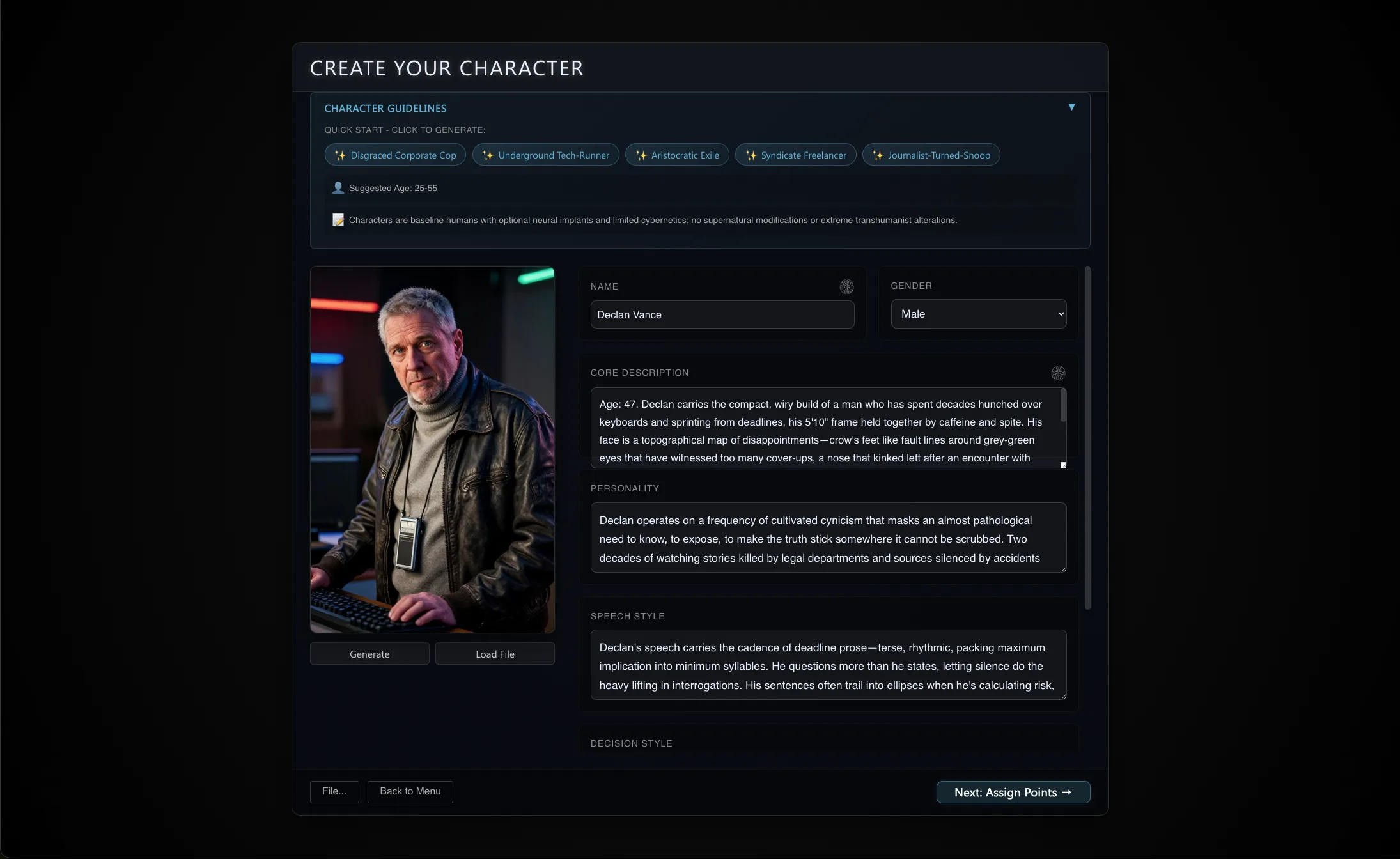 Synthasia character creator with portrait and stats