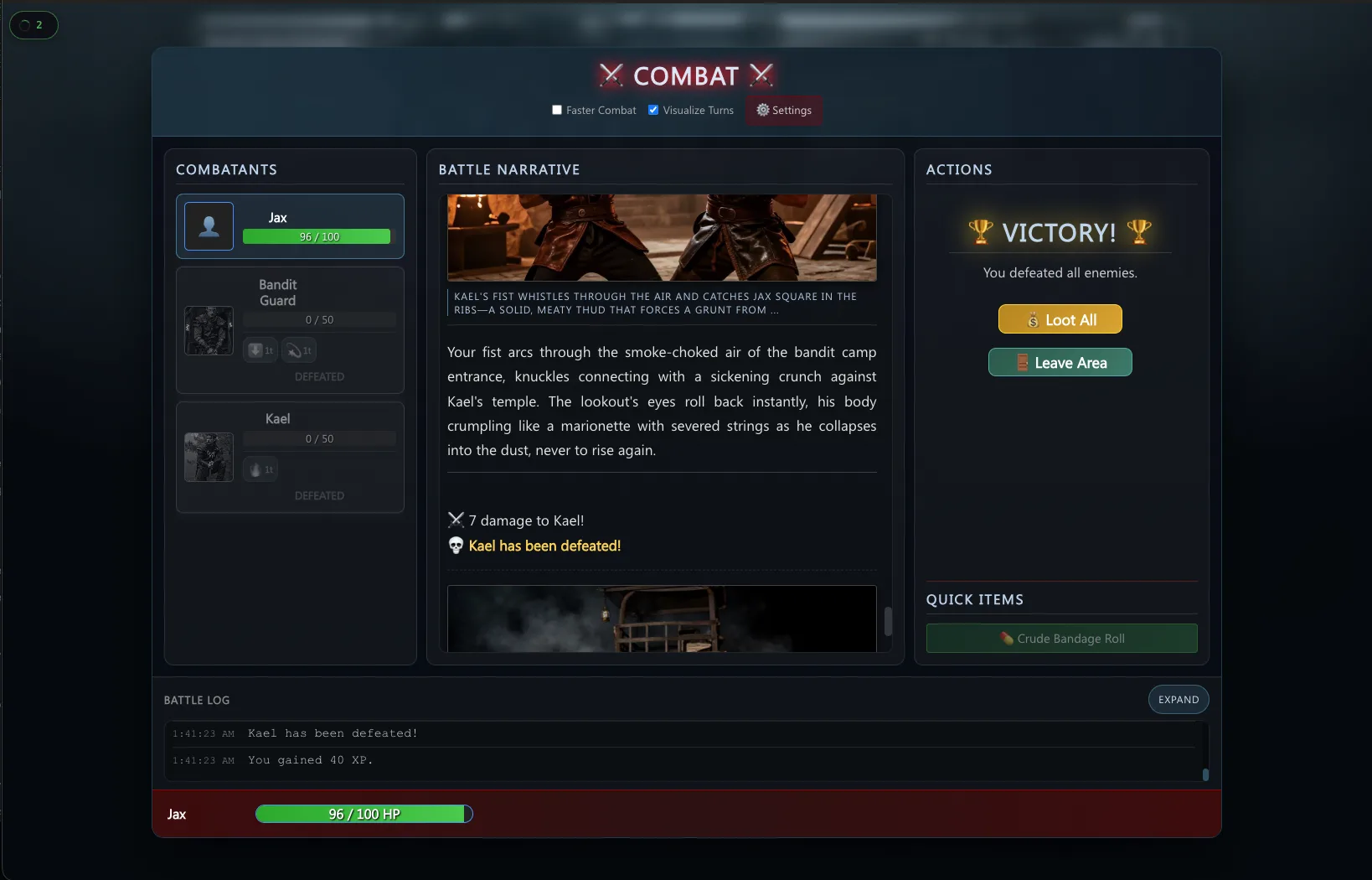 Synthasia combat resolution screen