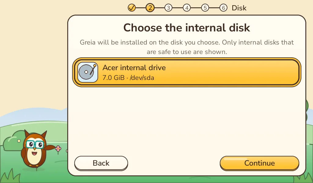 Installer screen: Choose the internal disk