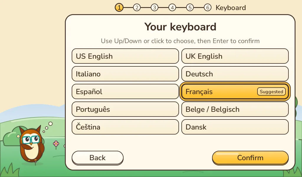 Installer screen: Your keyboard, a grid of keyboard layouts