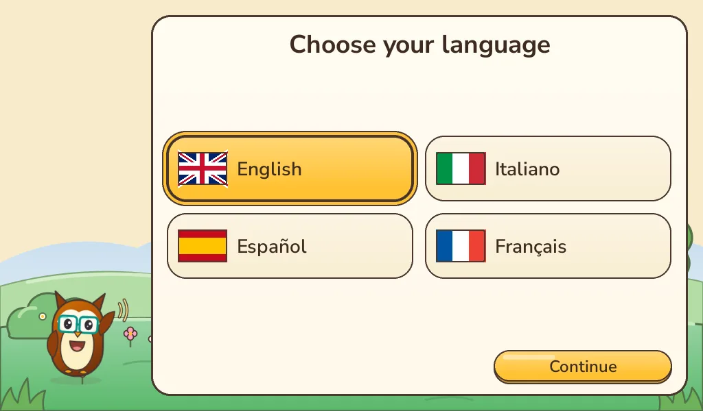 Installer screen: Choose your language, with English, Italiano, Español and Français