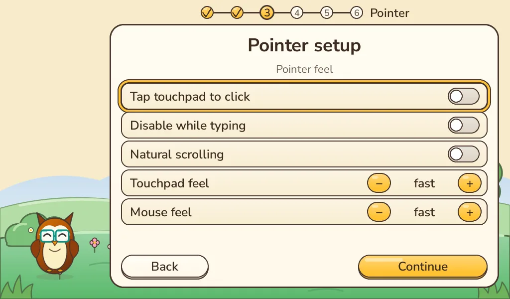 Installer screen: Pointer setup with touchpad and mouse options