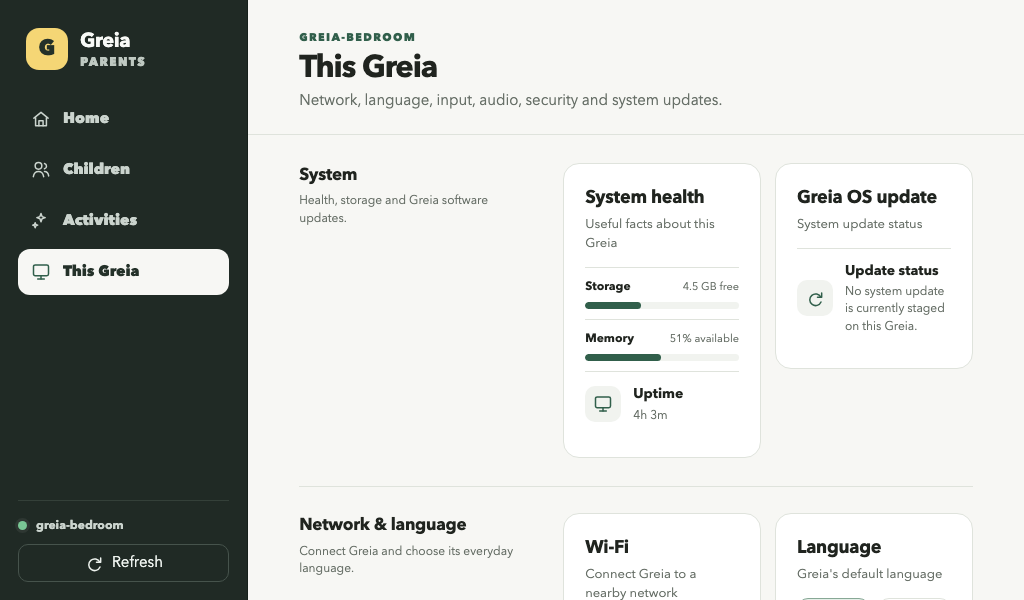 English Greia Parents This Greia page showing system health and device settings